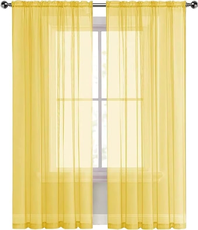 SpaceDresser Basic Rod Pocket Sheer Voile Window Curtain Panels Yellow 1 Pair 2 Panels 52 Width 36 Inch Long for Kitchen Bedroom Children Living Room Yard(Yellow, 52W x 36L)