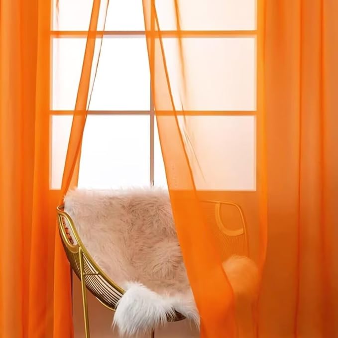 SpaceDresser Basic Rod Pocket Sheer Voile Window Curtain Panels Orange 1 Pair 2 Panels 52 Width 36 Inch Long for Kitchen Bedroom Children Living Room Yard(Orange, 52W x 36L)