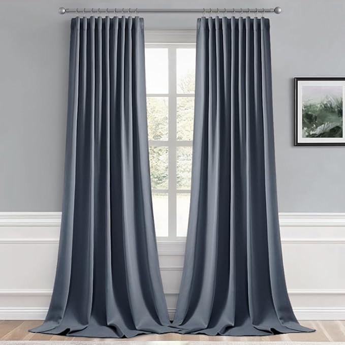 MIULEE Stone Blue Back Tab Blackout Curtain 96 Inch Long 2 Panels Set for Bedroom, Rod Pocket/Pinch Pleat Thermal Insulated Living Room Darkening Pleated Light Blocking Floor to Ceiling Drape
