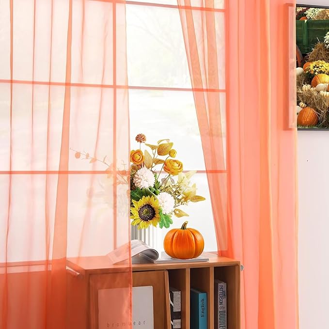 youleyar Solid Sheer Rod Pocket Curtain Voile Draperies 2 Panels White Beige Black Grey Coffee 52 Inch Width 54 Inch Long 1 Pair for Kitchen Bedroom Children Living Room Yard (Orange Red,52Wx54L)