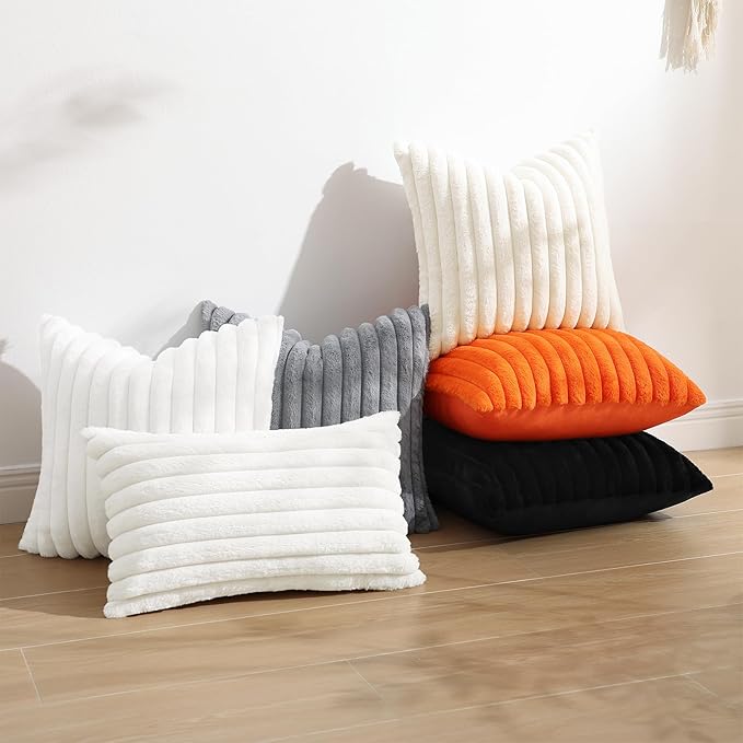decorUhome Cozy Faux Fur Throw Pillow Covers 18x18 Set of 2 Decorative Soft Plush Striped Modern Farmhouse Boho Couch Pillow Cases with Velvet Back for Sofa Bed Living Room, Black