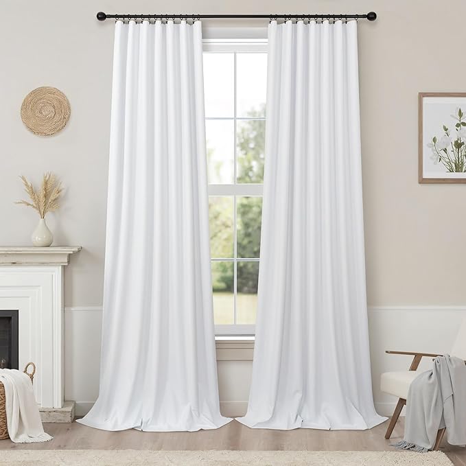 Elegant Curtains for Living Room 102 Inch Long Faux Linen Back Tab Rod Pocket Full Blackout Viral Curtains for Sliding Glass Door Nursery Thermal Curtains for Summer Heat 52x102 Length 2 Panels White