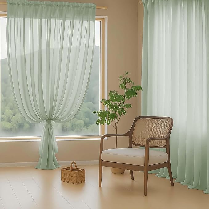 Extra Wide Sheer Sage Green Curtains 84 Inches Long 2 Panels, Soft Airy Transparent Light Filtering Elegant Patio Curtains for Sliding Glass Door, Top Dual Rod Pocket Design, 2x59Wx84L Inches