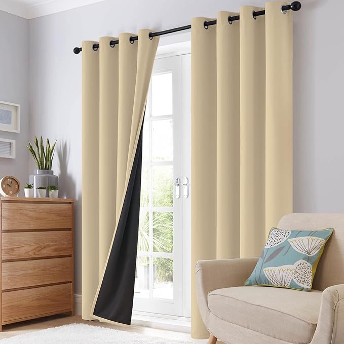 SimpleHome 100% Blackout Curtains for Bedroom,Thermal Insulated Beige Grommet Window Drapes Room Darkening Curtains for Living Room with Black Back,38 x 84 Inch,2 Panels
