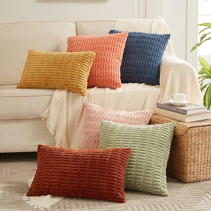Fancy Homi 4 Packs Dusty Blue Decorative Throw Pillow Covers 14x14 Inch for Living Room Couch Bed Sofa, Rustic Farmhouse Boho Home Decor, Soft Plush Striped Corduroy Square Cushion Case 35x35 cm