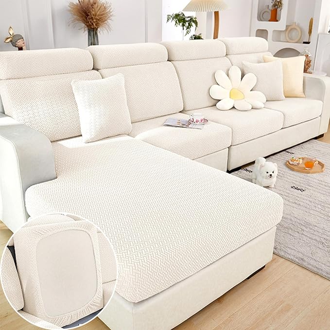 Couch Cushion Covers for Sofa Couch Covers Wear-Resistant Universal Sofa Cover Washable Stretch for Sectional Slipcovers (Texture-Cream White,Large Double Seat Cover)
