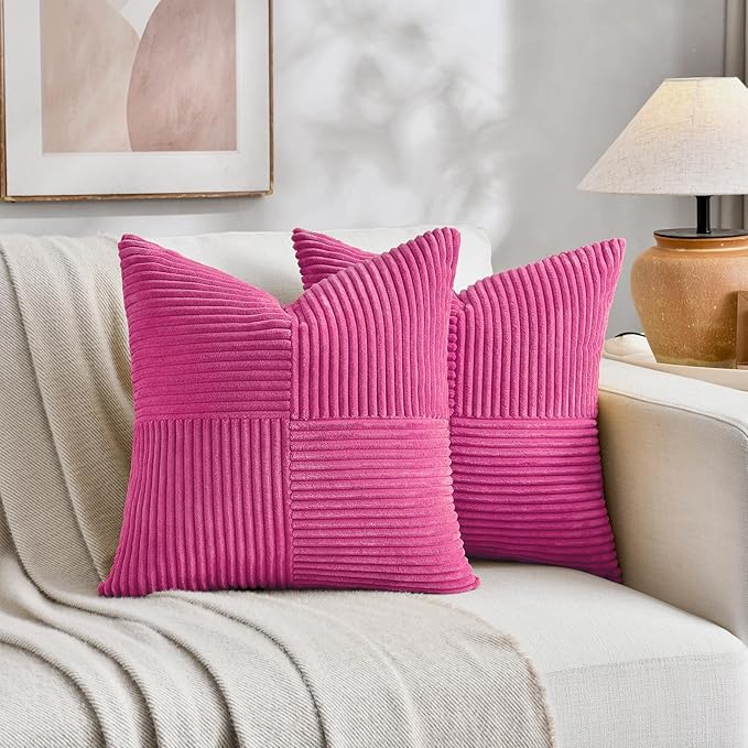 Fancy Homi 2 Packs Hot Pink Euro Decorative Throw Pillow Covers 26x26 Inch for Couch Bed Sofa, Rustic Farmhouse Boho Home Decor, Soft Corss Corduroy Patchwork Textured Square Cushion Case 66x66 cm