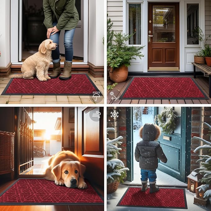 Smiry Front Door Mat Outside Entrance, Heavy Duty Sturdy Natural Rubber Doormat, Trap Dirt and Moisture, Easy Clean Low Profile Mats for Indoor Outdoor Entry, Grid Geometric (47x32, Wine Red)