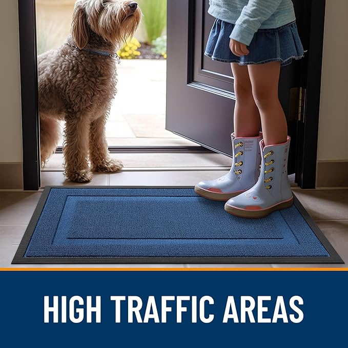 OLANLY Front Door Mat Indoor Outdoor Entrance, Waterproof All-Season, All-Weather Doormat, Sturdy Natural Rubber, Low Profile, Easy Clean Patio Porch Entryway Mat, 33x21, Navy Blue
