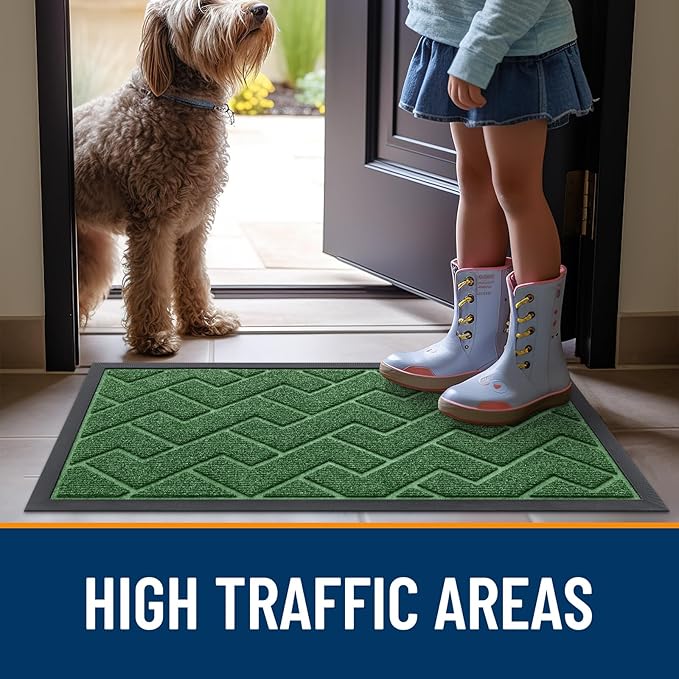 OLANLY Front Door Mat Indoor Outdoor Entrance, Waterproof All-Season, All-Weather Doormat, Sturdy Natural Rubber, Low Profile, Easy Clean Patio Porch Entryway Mat, Herringbone Brick (Green, 29.5x17)