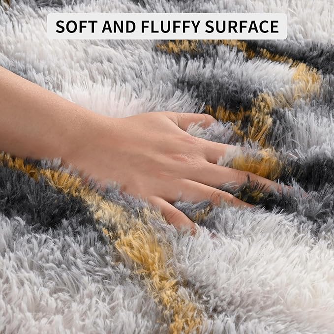 Tepook Soft Fluffy Rugs for Bedroom, 4x6 Area Rug for Living Room, Modern Shaggy Room Rug for Kids Boys Girls, Plush Throw Rugs Indoor Nursery Home Decor Rug with Non-Slip Bottom, White Black Gold