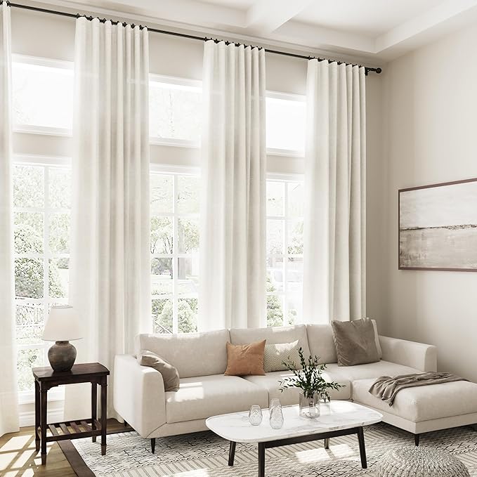 Nanspring Extra Long Curtains 2 Panels 128 Inches Long for Dinning Room Cream Back Tab Rod Pocket Light Filtering Semi Sheer Drapes Cotton Linen Textured Window Curtain for Bedroom 52x128