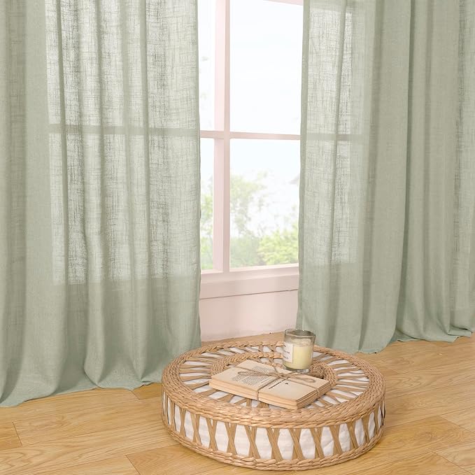 LAMIT Sage Grey Linen Boho Curtains 78 inch Length 2 Panels, Light Filtering Semi Sheer Panels Back Tab and Rod Pocket Neutral Drapes for Bedroom/Living Room, 52 x 78 Inch