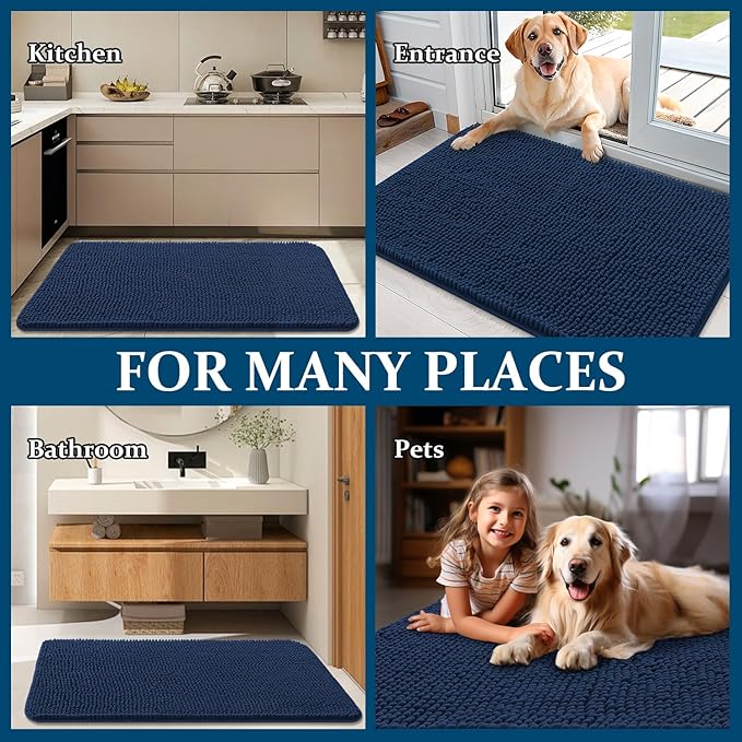 OLANLY Dog Door Mat for Muddy Paws 54x32, Absorbs Moisture and Dirt, Absorbent Non-Slip Washable Doormat, Quick Dry Chenille Mud Mat for Dogs, Entry Indoor Entryway Carpet for Inside Floor, Dark Blue