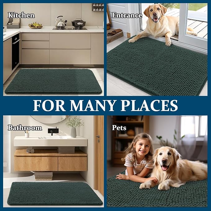 OLANLY Dog Door Mat for Muddy Paws 70x24, Absorbs Moisture and Dirt, Absorbent Non-Slip Washable Doormat, Quick Dry Chenille Mud Mat, Entry Indoor Entryway Carpet for Inside Floor, Blackish Green