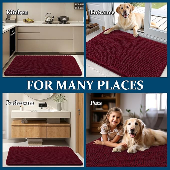OLANLY Dog Door Mat for Muddy Paws 47x24, Absorbs Moisture and Dirt, Absorbent Non-Slip Washable Doormat, Quick Dry Chenille Mud Mat for Dogs, Entry Indoor Entryway Carpet for Inside Floor, Burgundy