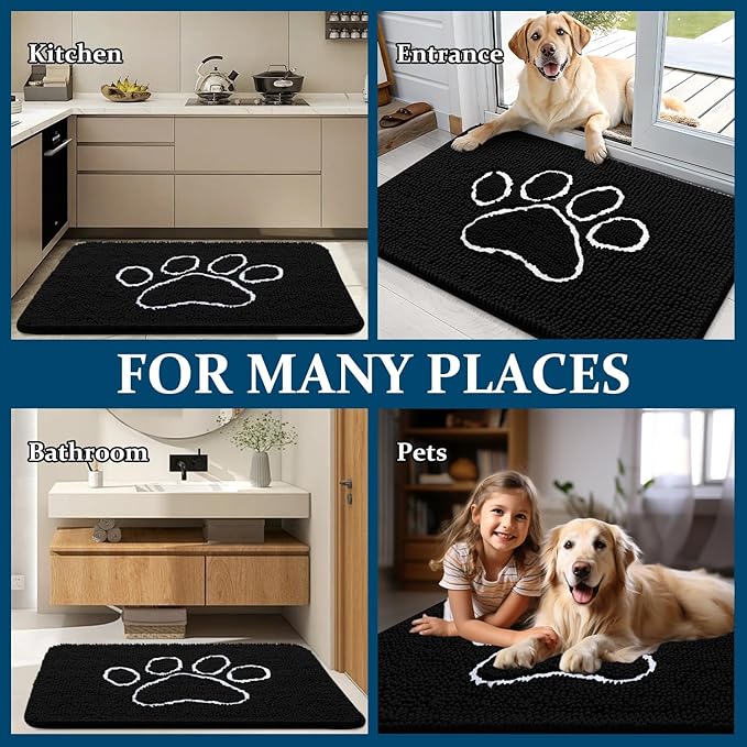 OLANLY Dog Door Mat for Muddy Paws 44x32, Paw Print Design, Absorbs Moisture and Dirt, Absorbent Non-Slip Washable Doormat, Quick Dry Chenille Mud Mat for Dogs, Entry Indoor Entryway Carpet, Black