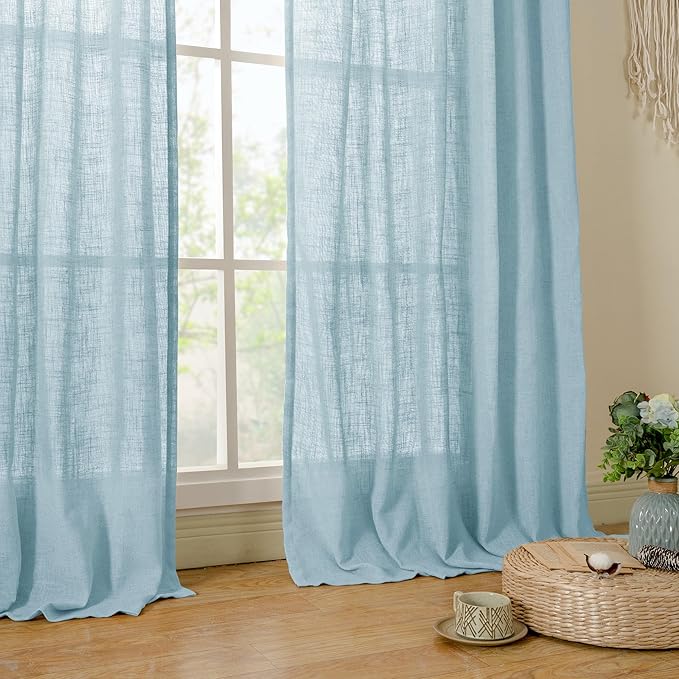 LAMIT 102 Inches Long Linen Curtains for Living Room, Back Tab and Rod Pocket Semi Sheer Curtains Light Filtering Farmhouse Drapes for Bedroom/Dining Room, Stone Blue, Set of 2, 52 x 102 Inch