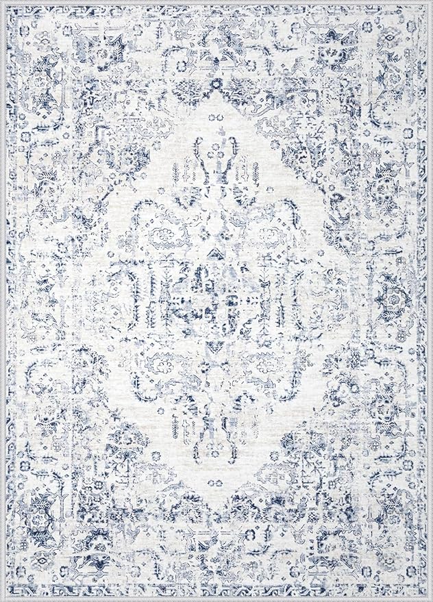 8x10 Area Rugs for Living Room: Washable Rug Vintage Large Rugs Soft Non Slip Low Pile Rug Floral Distressed Floor Carpet for Bedroom Kitchen Nursery Dining Room Home Office (Blue, 8'x10')