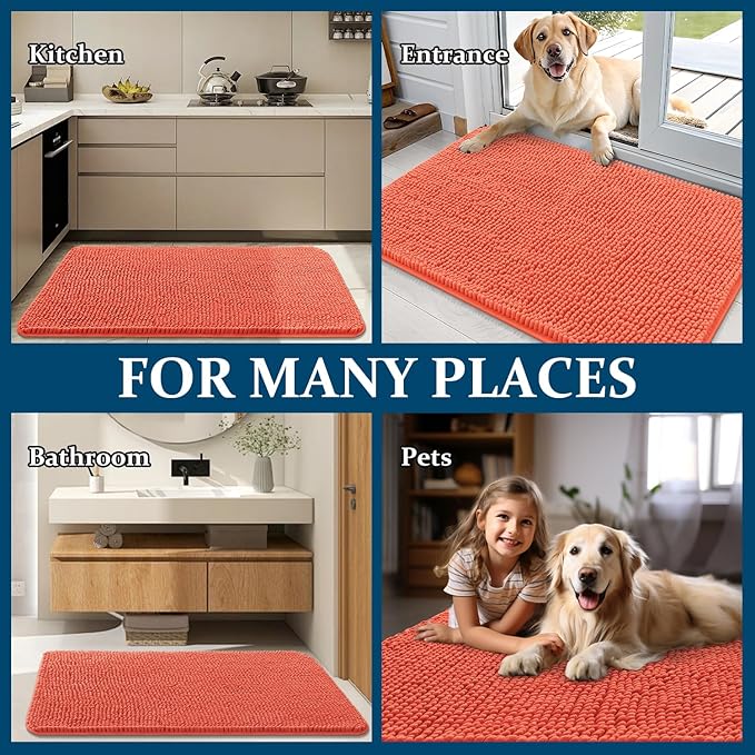 OLANLY Dog Door Mat for Muddy Paws 50x30, Absorbs Moisture and Dirt, Absorbent Non-Slip Washable Doormat, Quick Dry Chenille Mud Mat for Dogs, Entry Indoor Entryway Carpet for Inside Floor, Coral