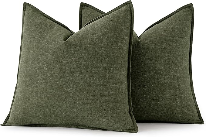 MIULEE Decorative Linen Euro Sham Pillow Covers 22x22 Inch Dark Olive Green Boho Farmhouse Neutral Spring Couch Throw Pillows for Bed Pack of 2 Accent Modern Pillowcase Sofa Livingroom Home Decor