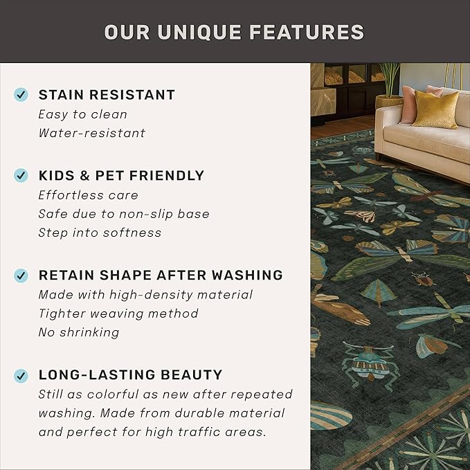 Dark Green Insect 6ft Round Washable Area Rug for Living Room - Non Skid Low Pile & Soft Carpet for Bedroom Beside Bed, Forest Butterfly Design Stain Resistant Home Décor