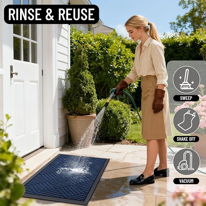 OLANLY Front Door Mat Outside Entrance 47x17, Absorbent, Heavy Duty Sturdy Natural Rubber Doormat Indoor Outdoor, Stain Fade Resistant, Non-Slip Low Profile Floor Mat for Entryway, Navy Blue Diamond