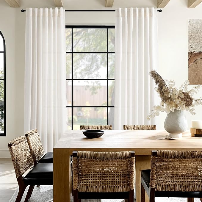 Ivory White Linen Curtains 102 Inches Long for Living Room 2 Panels Back Tab Pocket Natural Semi Sheer Extra Long Drapes Linen Soft Material Light Filtering Window Panel for Bedroom Curtain 52X102