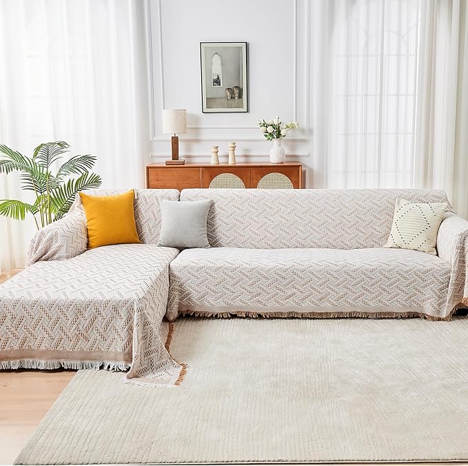 HOMERILLA Sectional Couch Covers for Sectional Sofa L Shaped Sofa Cover Blanket 2 Pieces L Shape Furniture Protector for Pets Dogs (Khaki White, XXX-Large)
