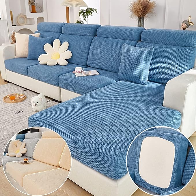 Couch Cushion Covers for Sofa Couch Covers Wear-Resistant Universal Sofa Cover Washable Stretch for Sectional Slipcovers (Texture-Blue,Large Triple Seat Cover)