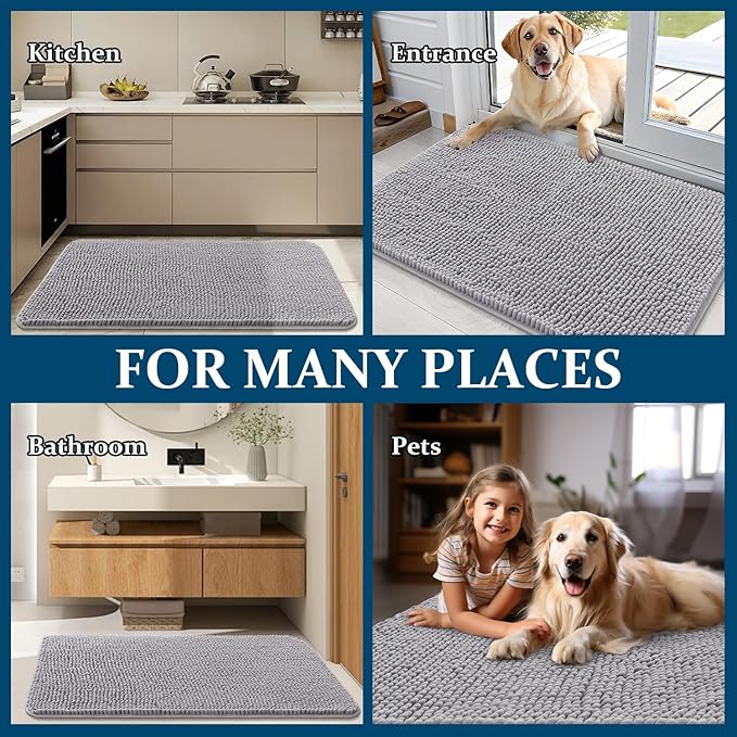 OLANLY Dog Door Mat for Muddy Paws 50x30, Absorbs Moisture and Dirt, Absorbent Non-Slip Washable Doormat, Quick Dry Chenille Mud Mat, Entry Indoor Entryway Carpet for Inside Floor, Light Grey
