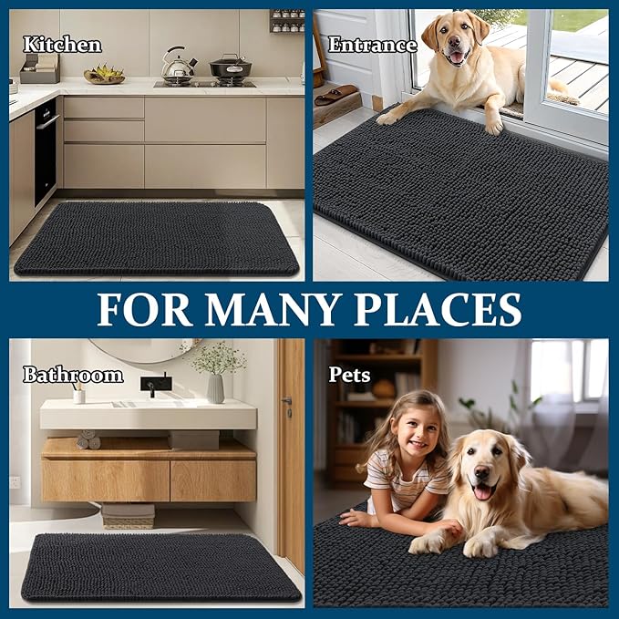 OLANLY Dog Door Mat for Muddy Paws 44x32, Absorbs Moisture and Dirt, Absorbent Non-Slip Washable Doormat, Quick Dry Chenille Mud Mat for Dogs, Entry Indoor Entryway Carpet for Inside Floor, Dark Grey