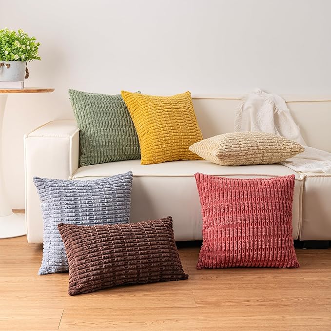 Pack of 2 Corduroy Decorative Throw Pillow Covers 24x24 InchSoft Striped Pillow Covers Modern Farmhouse Home Decor for Sofa Living Room Couch Bed(White)