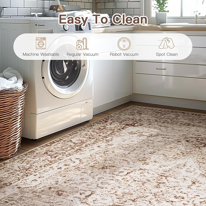 Lofus 4x6 Area Rugs for Living Room, Washable Area Rug, Rugs for Bedroom, Kitchen, Vintage Boho Carpet, Soft Non-Slip, Low Pile Large Area Rug for Office Dining Room, Vintage Beige Brown