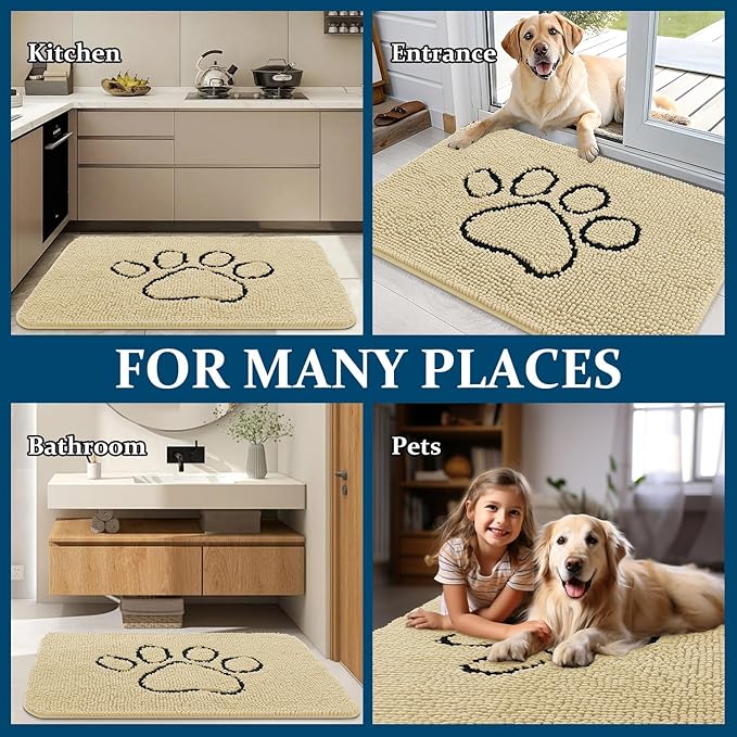 OLANLY Dog Door Mat for Muddy Paws 30x20, Paw Print Design, Absorbs Moisture and Dirt, Absorbent Non-Slip Washable Doormat, Quick Dry Chenille Mud Mat for Dogs, Entry Indoor Entryway Carpet, Sand
