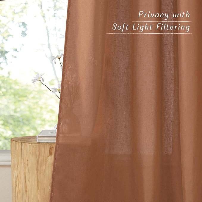 NICETOWN Caramel Linen Curtains for Kitchen, Thick Flax Small Window Treatments Semi Sheer Privacy Assured with Light Through for Cafe/Bathroom, W42 x L90, 2 Panels