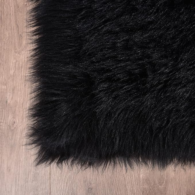 Goolela Black Fluffy Faux Fur Rug 2x3 Black Fuzzy Furry Sheepskin Rug Small Carpet for Bedroom Dorm Bathroom Washable Rectangle