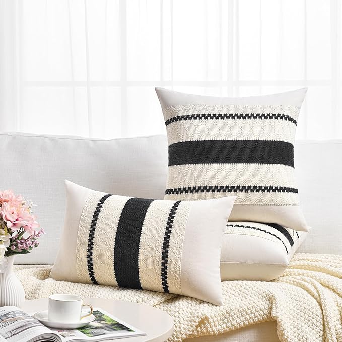 Fancy Homi Set of 1 Boho Black Long Lumbar Decorative Throw Pillow Cover 12x24 Inch for Couch Bed Sofa Chair, Modern Organic Farmhouse Home Decor, Soft Cotton Cute Accent Rectangle Cushion Case