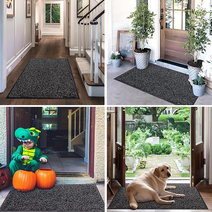 Mibao Front Door Mat, Dirt Trapper Welcome Mat for Outdoor Indoor, Non-Slip Waterproof Doormat, Durable Machine Washable Low Profile Entry Rug for Back Door Outside Patio Porch, 30" x 18", Black