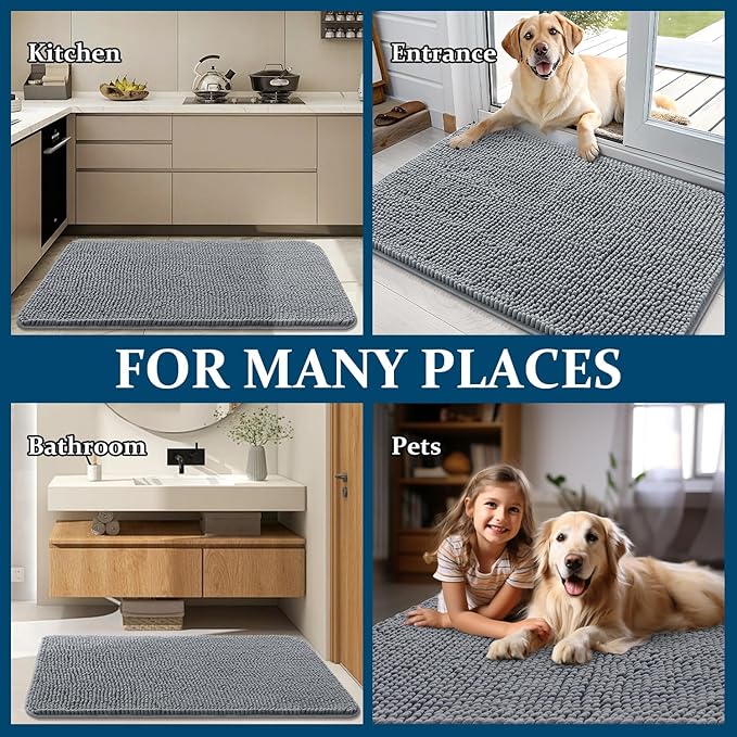 OLANLY Dog Door Mat for Muddy Paws 47x17, Absorbs Moisture and Dirt, Absorbent Non-Slip Washable Doormat, Quick Dry Chenille Mud Mat for Dogs, Entry Indoor Entryway Carpet for Inside Floor, Grey