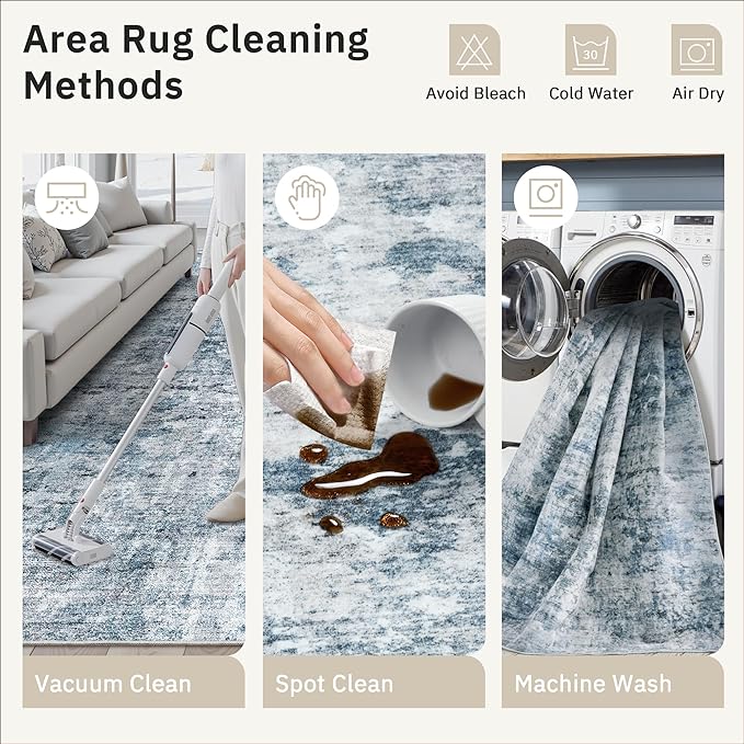 7x9 Area Rug for Living Room Washable Abstract Vintage Soft Thin Indoor Floor Non-Slip Carpet for Bedroom Dining Room Blue Grey