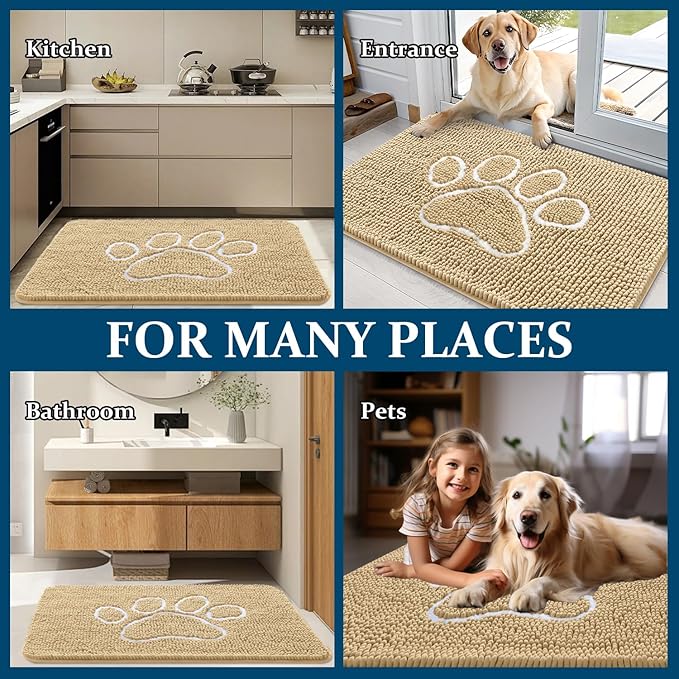 OLANLY Dog Door Mat for Muddy Paws 59x20, Paw Print Design, Absorbs Moisture and Dirt, Absorbent Non-Slip Washable Doormat, Quick Dry Chenille Mud Mat for Dogs, Entry Indoor Entryway Carpet, Beige