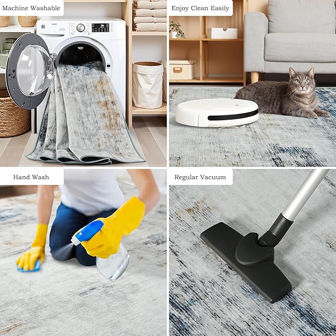 Toneed Abstract Area Rug 5x7 Modern Washable Rug Soft Non Slip Rug Low Pile for Bedroom Living Room Dining Room Blue/White