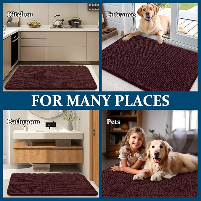 OLANLY Dog Door Mat for Muddy Paws 44x32, Absorbs Moisture and Dirt, Absorbent Non-Slip Washable Doormat, Quick Dry Chenille Mud Mat for Dogs, Entry Indoor Entryway Carpet for Inside Floor, Russet