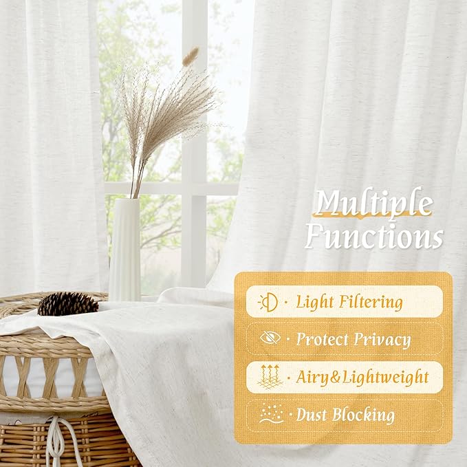 LAMIT Light Filtering 63 inch Length Linen Curtains, Soft Linen Textured Rod Pocket Neutral Boho Drapes Window Treatment Panels for Living Room/Bedroom, 2 Panels Set, 52 x 63 Inch, Ivory White