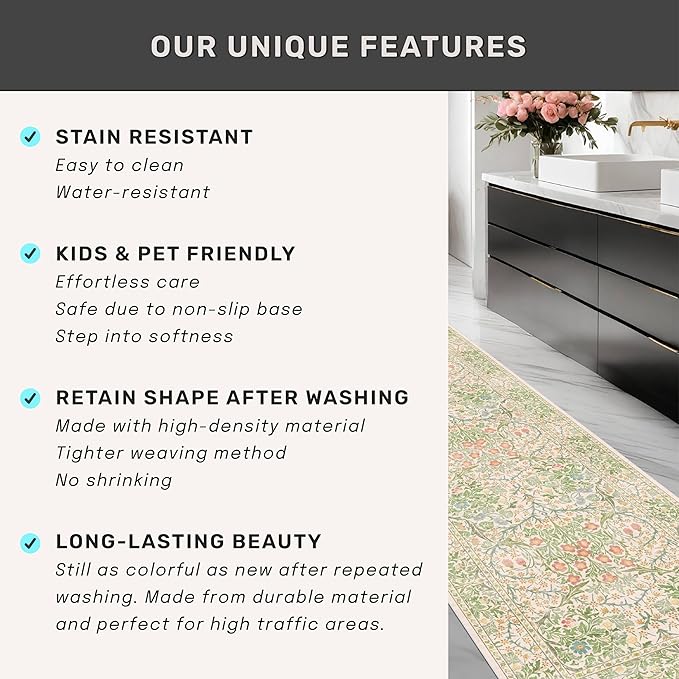 Vintage Beige Green 2'6" x 8' Runner Rug for Kitchen, Hallway, Bathroom, Entryway Indoor, Laundry Room, Washable Non Slip Rubber Backing Stain Resistant