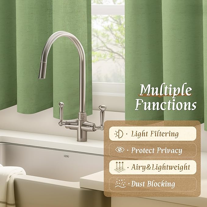 LAMIT Green Linen Curtains for Small Windows, 45 Inches Long Light Filtering Panels Rod Pocket Neutral Privacy Drapes for Window/Bedroom, 2 Panels, 42 x 45 Inch