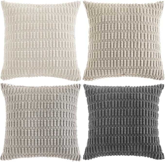 Fancy Homi Set of 4 Grey and White Boho Decorative Throw Pillow Covers 24x24 Inch for Couch Bed Sofa, Aesthetic Modern Bohemian Room Decor, Soft Fuzzy Fluffy Cozy Corduroy Cushion Case 60x60cm