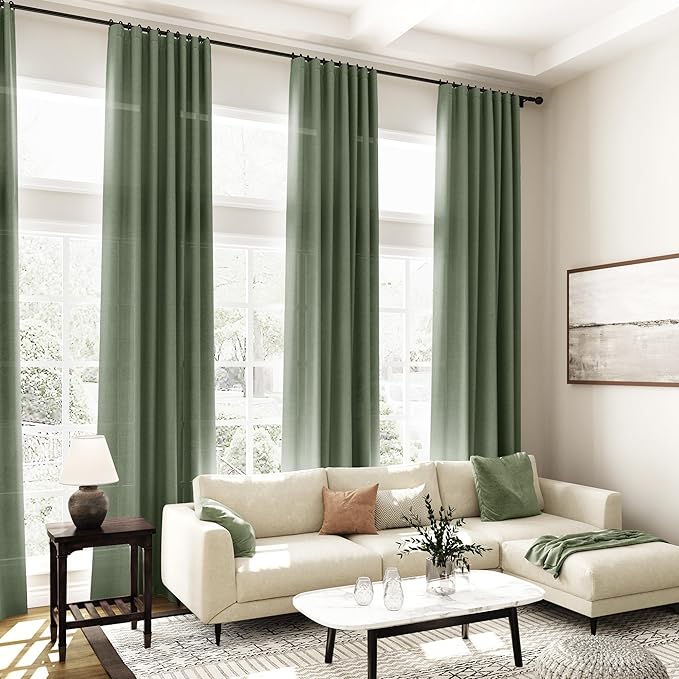Nanspring Olive Green Boho Curtains for Bedroom Back Tab Rod Pocket Semi Sheer Linen Curtains 90 Inches Long 2 Panel Set Light Filtering Neutral Farmhouse Lightweight Drapes for Living Room 40x90