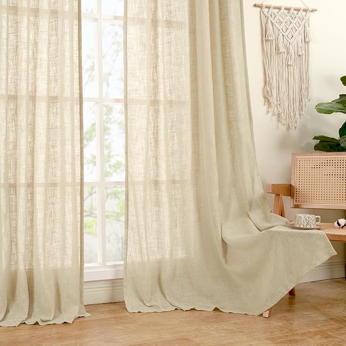 LAMIT Light Filtering Linen Curtains 84 inches Long for Bedroom, Faux Linen Textured Semi Sheer Back Tab and Rod Pocket Burlap Boho Modern Drapes for Living Room/Farmhouse, 2 Panels, 52 x 84 Inch